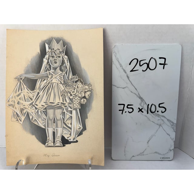 1940s Original Signed Graphite Illustration of May Queen Child Portrait, 10.5 × 7.5 In. For Sale In Atlanta - Image 6 of 6