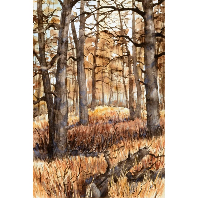 Autumn Forest , 1970's Earth-tone Vertical Landscape Watercolor with Trees Serene vertical landscape by Kay Swanson...