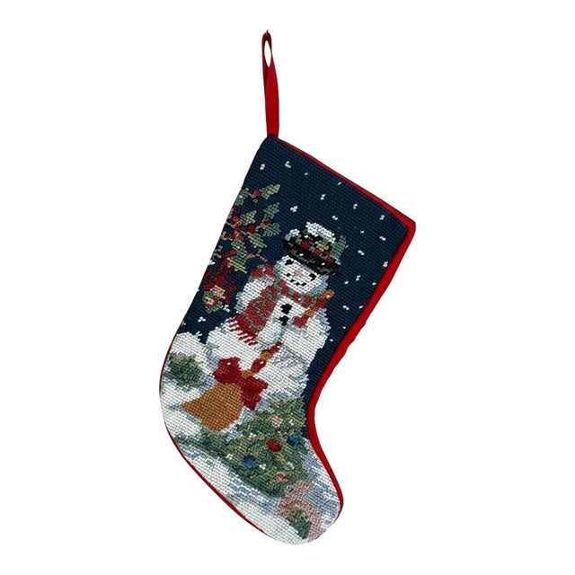 Small Vintage Snowman Wool Needlepoint Stocking For Sale