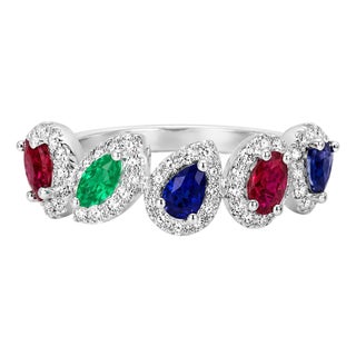 Mid 20th Century 18k White Gold Ruby Sapphire Emerald Diamond Band Ring Estate, Size 6.75 For Sale