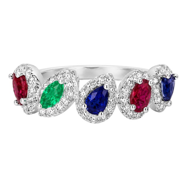Mid 20th Century 18k White Gold Ruby Sapphire Emerald Diamond Band Ring Estate, Size 6.75 For Sale