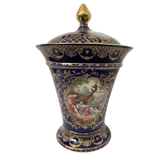 French Large Vintage Limoges France Cobalt Blue Gold Courting Couple Handpainted Urn For Sale - Image 3 of 11