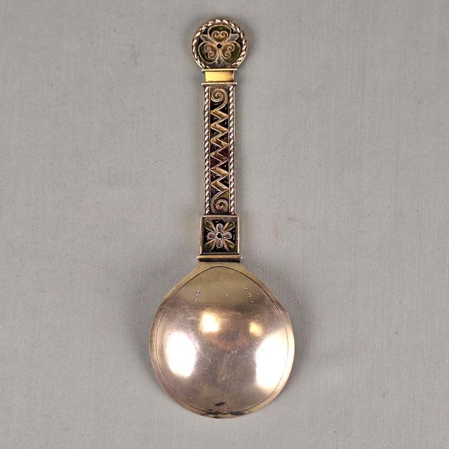 Antique 19th Century Norwegian Solid 925 Silver & Enamel Decorative Spoon by Jacob Tostrup in Christiania (Oslo). The...