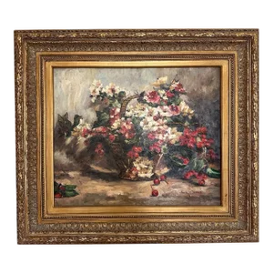 Oil Painting Still Life Basket of Flowers and Berries (Signed)