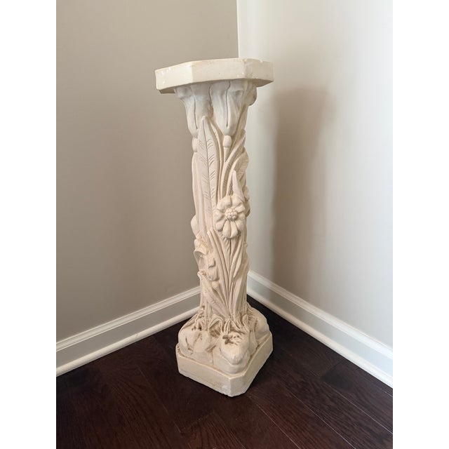 Pedestal Stand Cream Floral Relief Plaster Octagonal Column Hollywood Regency For Sale - Image 9 of 9
