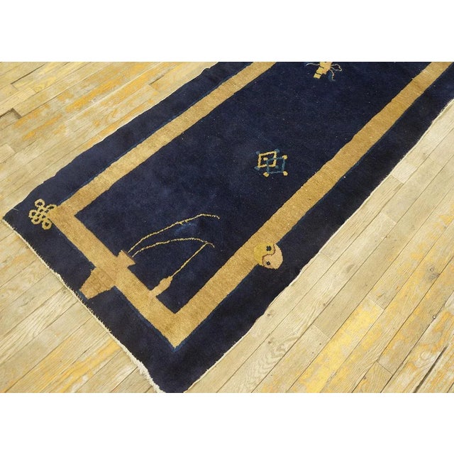 1920s Navy Blue Floral Vase Antique Chinese Peking Carpet 2' 4'' X 11' 7" Knotted Wool Rug Runner For Sale In New York - Image 6 of 8