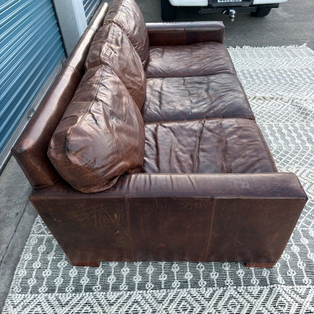 Restoration Hardware Genuine Top Grain Brown Leather Sofa For Sale In San Francisco - Image 6 of 18