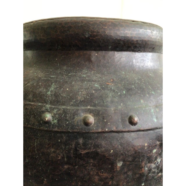 Chocolate 1940s Hand Hammered Studded Patinated Copper Pot With Handles For Sale - Image 8 of 12
