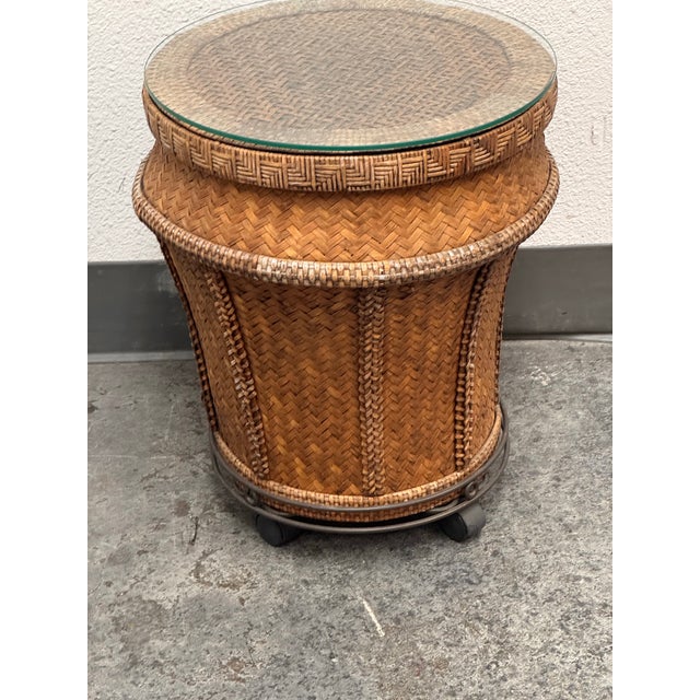 Brown Woven Rattan Drum Side Table + Glass Top, Vintage For Sale - Image 8 of 12