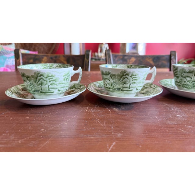 1940s Wood's "English Scenery" Green Transfer Cups and Saucers - Set of Four Enoch For Sale - Image 9 of 12