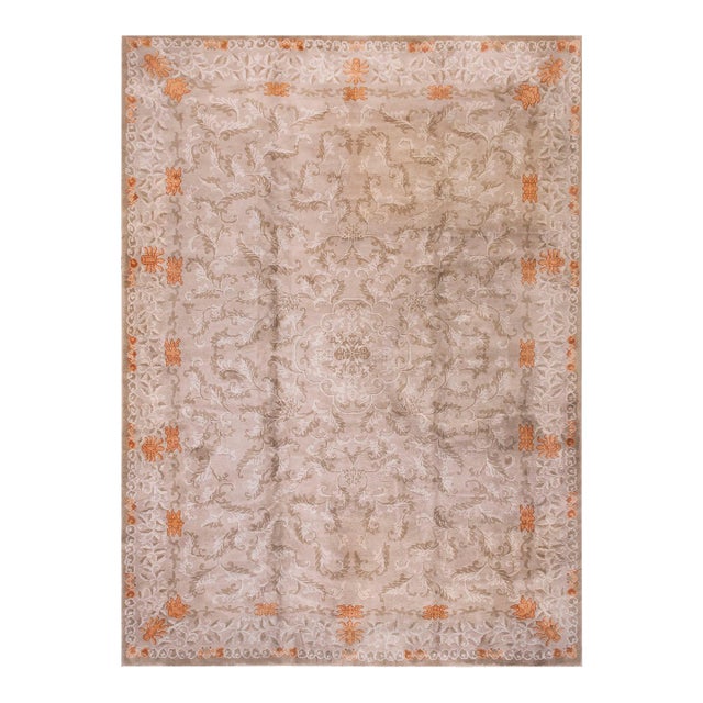 1930s Tan Champagne Foliate Antique Chinese Art Deco Rug 10'2" X 13'9" Handknotted Wool Carpet For Sale