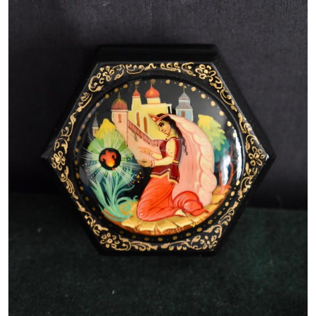Vintage Russian Lacquer Box Painted Fairy Tale Scarlet Flower Trinket Signed For Sale - Image 10 of 16