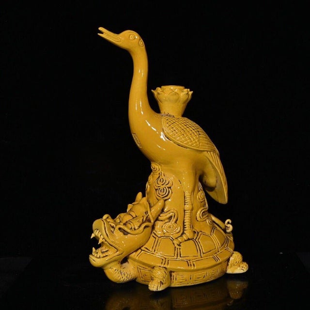 Yellow Pair of Large Chinese Yellow Glazed Porcelain Turtle & Crane Candlesticks For Sale - Image 8 of 9