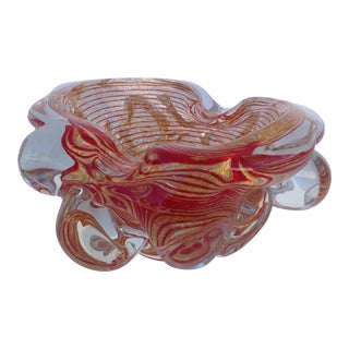 C.1960's Barovier E Toso Italian Murano Large Thick Red, With Gold Leaf Inclusions "Zebrati" Bowl For Sale