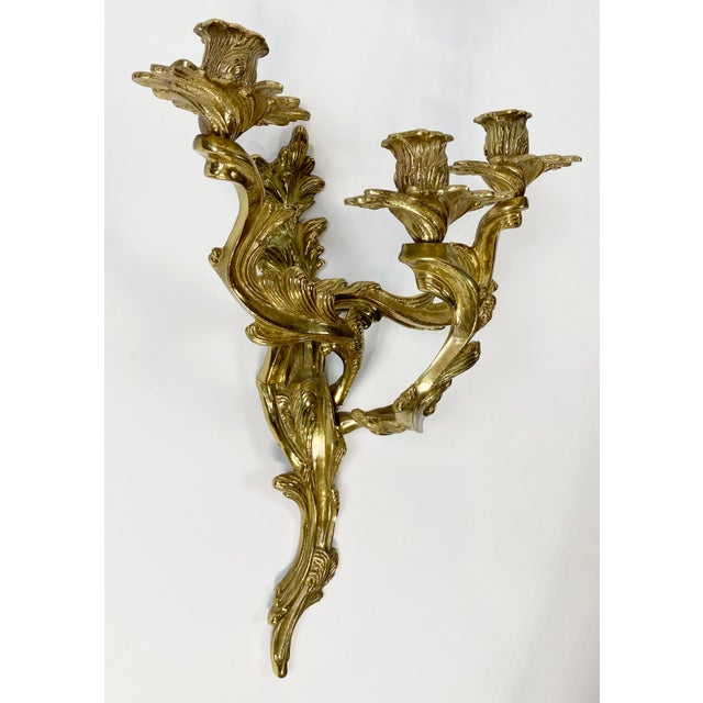 Early 20th C Louis XV Style Bronze Wall Candle Sconces, Pair For Sale - Image 4 of 6
