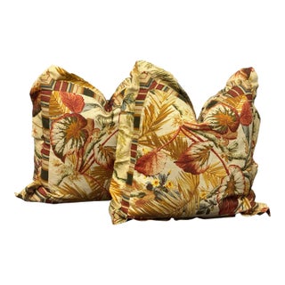 Floral Print Cotton Sateen Throw Pillows With Double Flange Trim, Pair For Sale