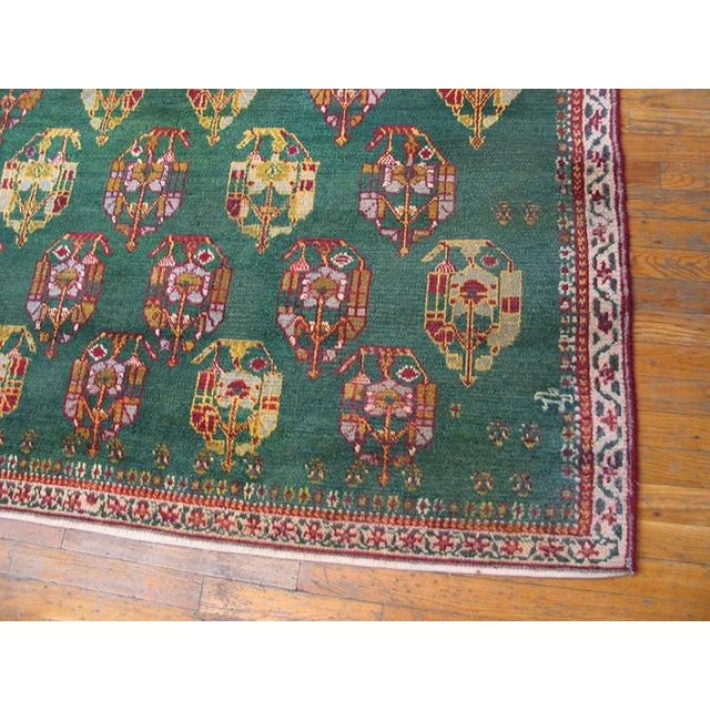 1930s Green Geometric Tribal Antique Indian Agra Rug 5'10" X 8'6" Hand Knotted Wool Carpet For Sale - Image 4 of 5