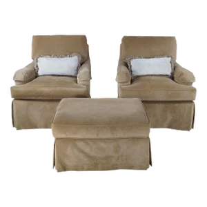 Late 20th Century Ej Victor Carlisle Swivel Club Lounge Library Armchairs & Ottoman, 3 Pieces
