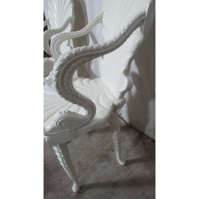 Pair Mid-Century Italian Neo-Classical Carved Wood White Lacquer Shell & Dolphin Chairs For Sale - Image 4 of 14