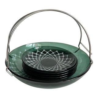 Mid Century Modern Smoke Green Glass Coasters With Carrier- 6 Pieces For Sale