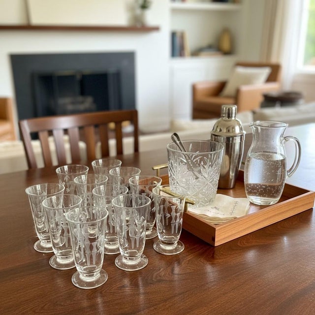 11 Sasaki Noritake Bamboo Etched Juice Glasses-Vintage-Japan-MCM Barware Set For Sale - Image 11 of 11