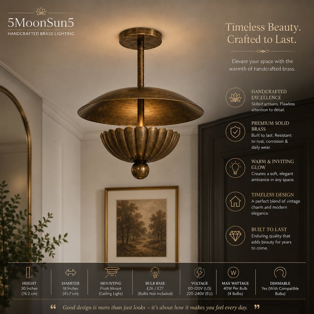 Antique Brass Flush Mount Ceiling Light, Handmade Brass Flower Petal Ceiling Fixture, Art Deco Ceiling Lamp for Bedroom Hallway Dining Room 18x30 For Sale - Image 9 of 13