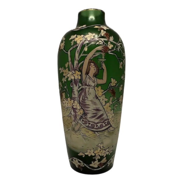 Art Nouveau Enamel Art Glass Vase: Maiden in Vineyard For Sale