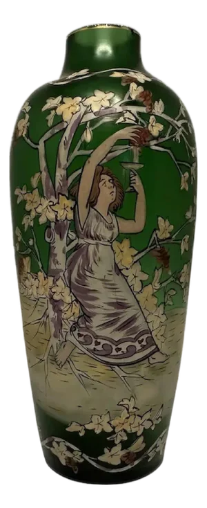 Art Nouveau Enamel Art Glass Vase: Maiden in Vineyard