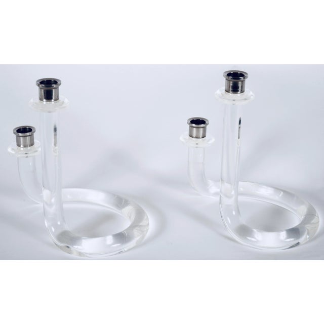 Mid-Century Modern Lucite and Steel Pretzel Candle Holders in the Style of Dorothy Thorpe -Set of 2 For Sale - Image 3 of 11