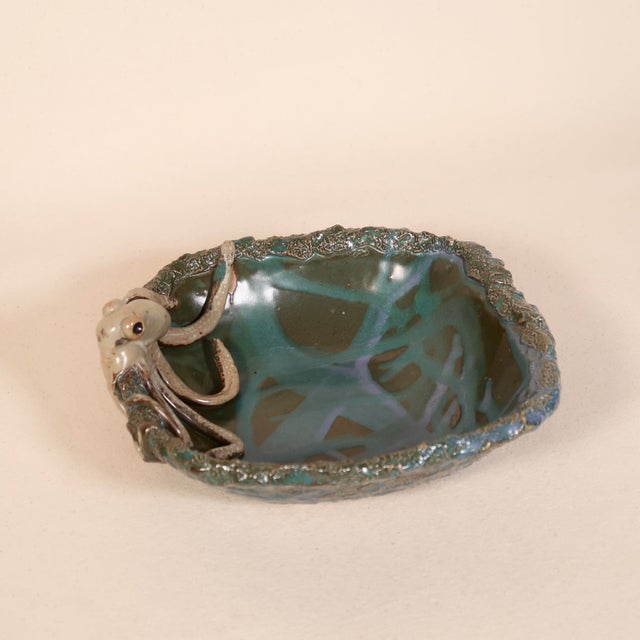 Signed Sculptural Studio Pottery Hand-Formed Octopus Ceramic Bowl Ocean-Inspired Dish With Teal Blue Textured Glaze For Sale - Image 10 of 12