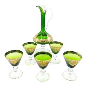 Mid Century Hand Blown Venetian Emerald Green and 22k Gold Decanter Set - 6 Pieces