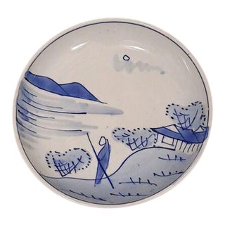1940s Blue & White Meiji Japan Hand Painted Porcelain Mountain Fishing Plate For Sale