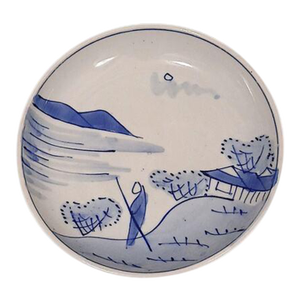 1940s Blue & White Meiji Japan Hand Painted Porcelain Mountain Fishing Plate