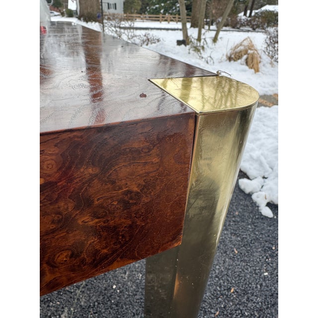 1970s Burl Wood and Brass Dining Table With Glass Insets in the Style of Milo Baughman For Sale - Image 10 of 11