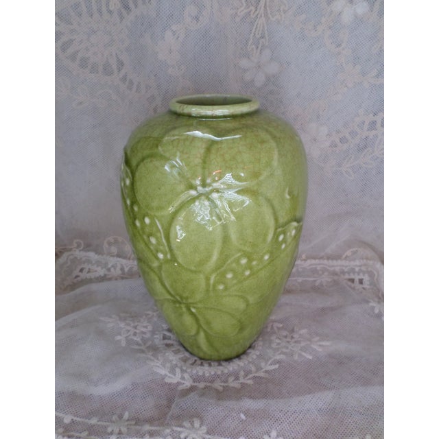 Rookwood Pottery Antique Arts & Craft Rookwood Green Embossed Flower Design Vase For Sale - Image 4 of 9