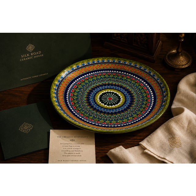 The Circle of Hospitality — Unique Hand-Painted Uzbek Ceramic Collector Platter, 1 of 1 Presented by Silk Road Ceramic...