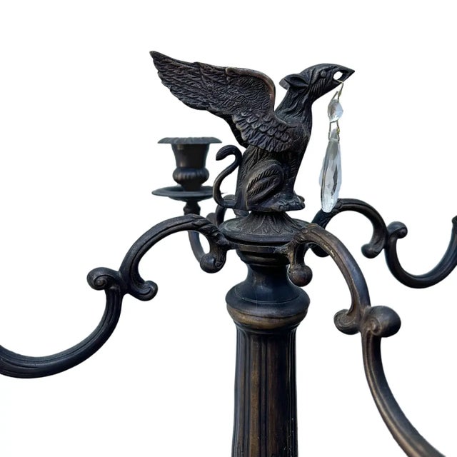 Gothic Pair of Vintage Gothic Bronze Candelabras W/Griffin Finial & Crystals For Sale - Image 3 of 7