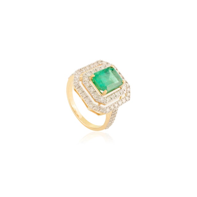 18k Gold Emerald & Diamond Art Deco Style Engagement Ring Size 8 For Sale - Image 4 of 11