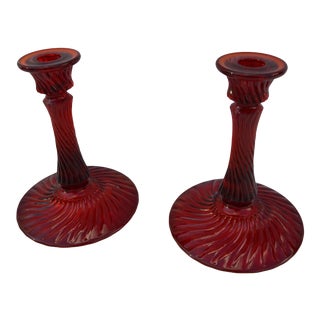 Signed Vintage Ruby Red Glass Candleholders - 2 Pieces For Sale