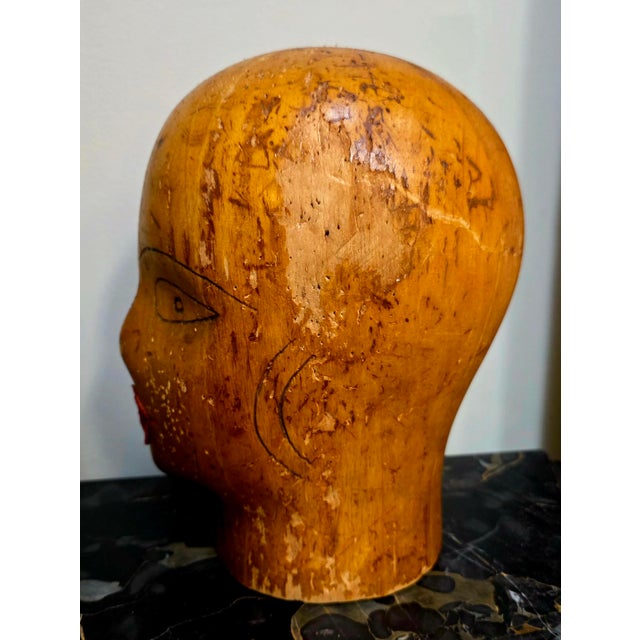 Antique Millinery Balsa Wood Hat Store Display Head For Sale - Image 4 of 5