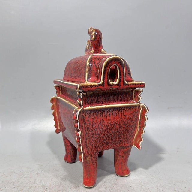1990s Chinese Red Glazed Gilt Bronze-Form Quadripod Censer With Beast Finial, Marked "Ming Xuande" (Fang Ding) For Sale - Image 5 of 9