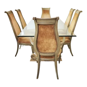 20th C Hollywood Regency 6 High Back Chairs and Glass Top Dining Table - 7 Piece Set