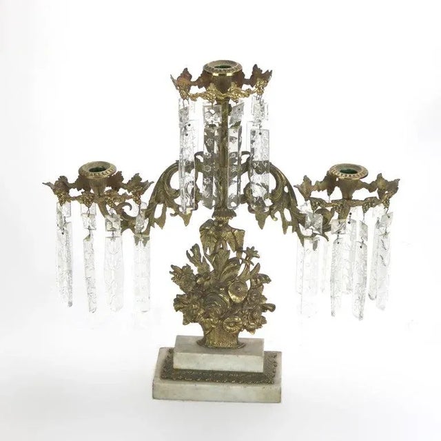 Pair of Antique Bronze & Crystal Three-Light Floral Basket Girandoles C1880 For Sale - Image 6 of 14
