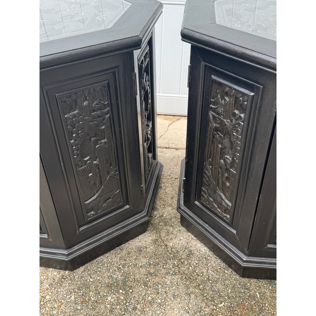 Chinese Mid-Century Chinese Carved Figural Wood Octagon Side Tables - A Pair For Sale - Image 3 of 12