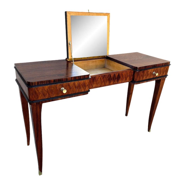Early 20th Century French Art Deco Flip Top Madagascar Rosewood & Brass Dressing Table Vanity For Sale