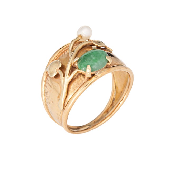 Modern 1970s 70s Vintage Jade Pearl Leaf Ring Sz 9 Wide Cigar Band Estate Fine Jewelry For Sale - Image 3 of 7