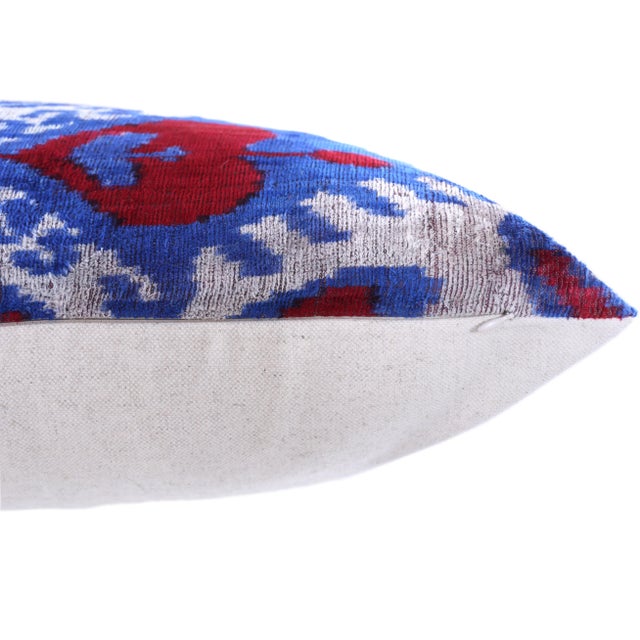 Textile Blue Red Ikat Velvet Lumbar Pillow 16x24 | Handmade Luxury Accent For Sale - Image 7 of 7