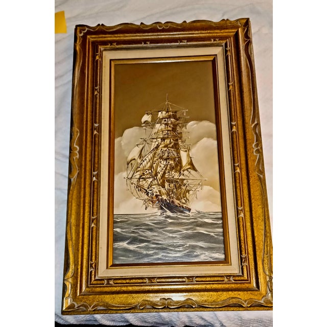 1970s Renato Longanes Oil Painting Titled: Full Sail Clipper in Open Sea For Sale - Image 4 of 5