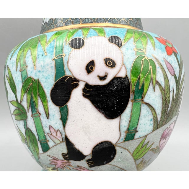 20th Century Chinese Cloisonné Panda & Bamboo Urn Vase – Chinoiserie / Asian For Sale - Image 10 of 16