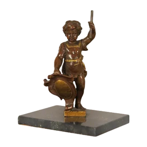 Antique Bronze Putti Sculpture with Shield and Staff on Marble Base